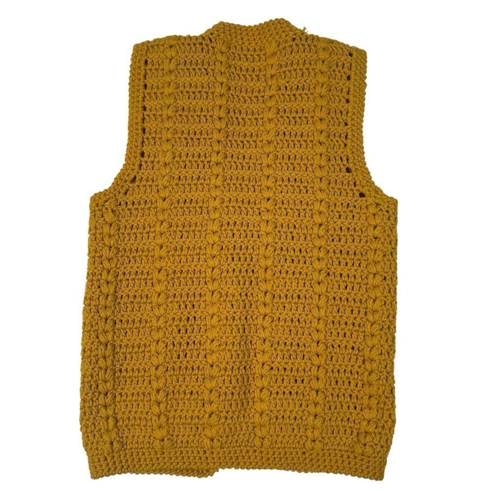 Vintage Handmade Crochet Vest Mustard Yellow Boho Tie Front - Picture 3 of 3